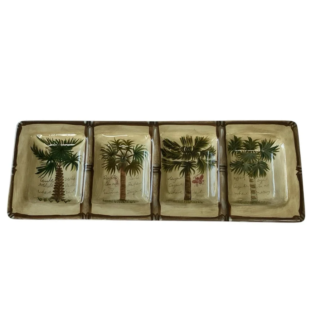 Tabletops Unlimited Bora Bora‎ 4 Section Snacks Tray Palm Tree Hand Painted